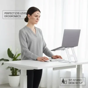An adjustable-height macbook computer stand on a standing desk, showing a user comfortably working while standing.