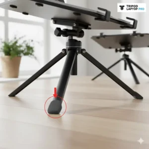 Detail of the non-slip rubber feet and robust tripod design ensuring a stable tripod stand laptop setup on any floor surface.