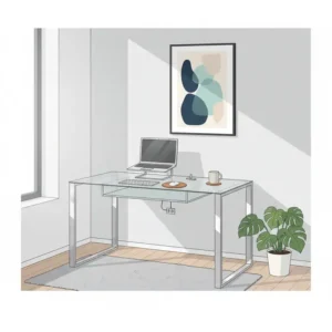 A stylish, modern unique office desk with a tempered glass top and polished metal legs, showcasing a blend of materials.