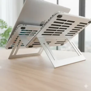 Image showing the open design and ventilation holes beneath the laptop trays of the dual laptop stand for effective heat dissipation.