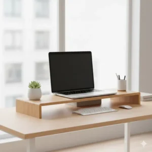 The bamboo monitor shelf used to elevate a laptop, freeing up desk space and acting as a small standing desk area.