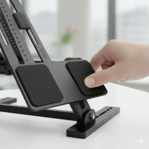 Texture shot highlighting the premium aluminum alloy material and non-slip silicone padding of the durable double laptop stand.