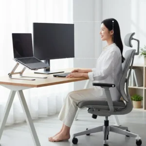 User maintaining correct posture while working at a desk with a properly configured computer monitor and laptop stand.