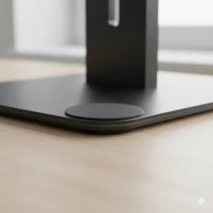 Detail of the non-slip base and protective pads on the heavy-duty computer stand for standing desks.