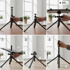 Simple instructions showing the quick and easy assembly process for setting up the tripod stand laptop.