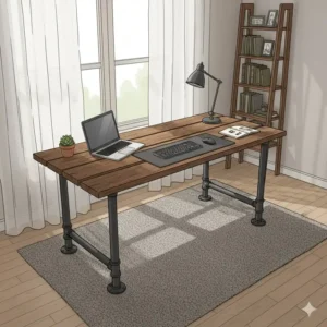 A detailed shot of a custom-built, industrial-style unique office desk using reclaimed wood and metal piping for the legs.