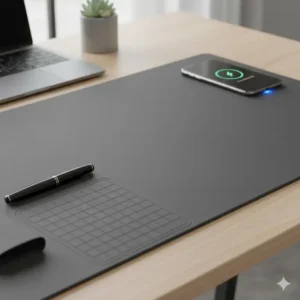 An image of a large, multifunctional wireless charging desk mat that also serves as a comfortable writing surface and organizational tool, considered cool office stationery.