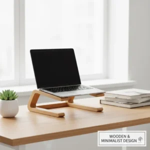 Aesthetic shot of a wooden macbook computer stand elevating a laptop on a minimalist desk setup, highlighting the natural material and clean design.