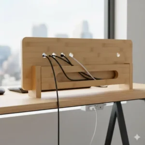 The back view of the bamboo monitor shelf, showing built-in cutouts or channels designed for effective cable management.