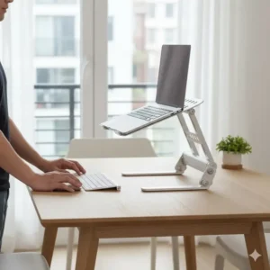 The branch adjustable laptop stand used on a tabletop to create a simple, temporary standing desk setup.