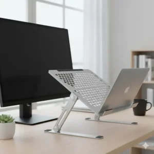 A portable, metal stand designed for airflow, raising a notebook to the height of the main display using a computer monitor and laptop stand setup.