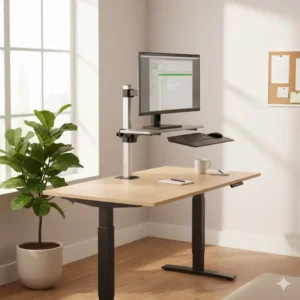 The practical design of this computer stand for standing offers valuable extra space underneath for organizing a keyboard or office supplies.