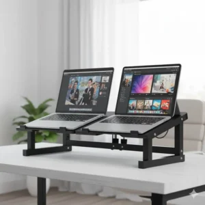 An alternative use case showing a laptop and a large tablet securely mounted side-by-side on the versatile double laptop stand.