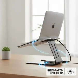An aluminum macbook computer stand with an integrated USB-C hub built into the base for easy connection of peripherals and external devices.