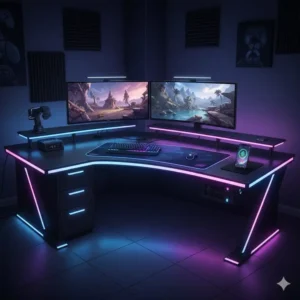 A brightly lit illustration of a curved, unique office desk featuring integrated RGB LED lighting and a built-in charging pad.