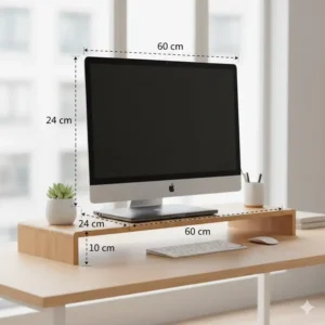 A product image displaying key measurements or a scale reference, emphasizing the compact size and sturdiness of the bamboo monitor shelf.