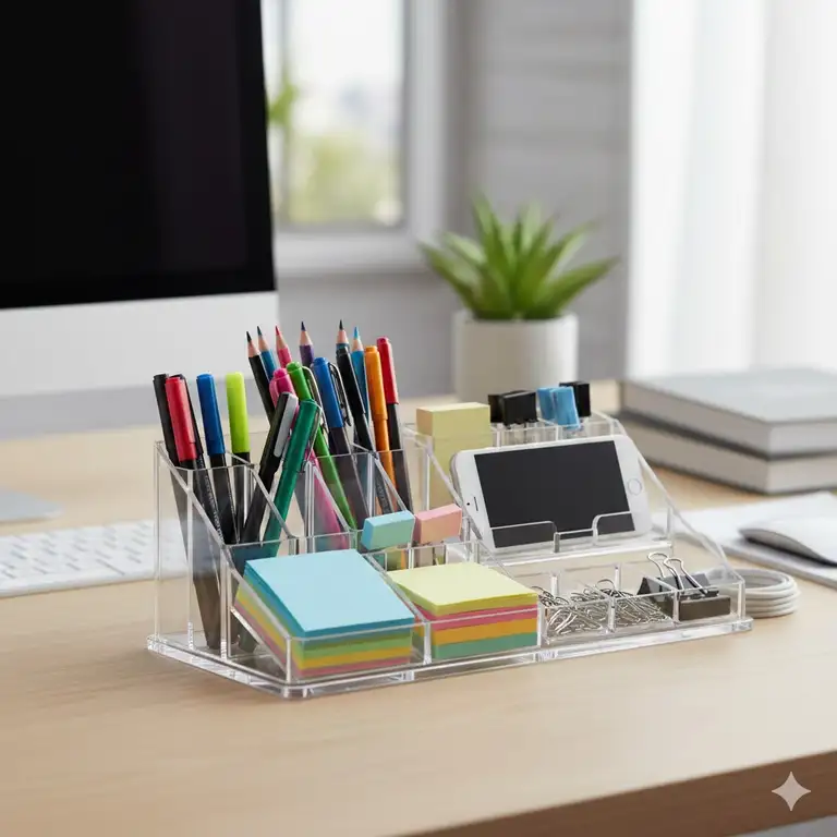 A clear, professional view of the main featured plastic desk organizer, fully stocked with pens, paperclips, and sticky notes, showing its complete storage solution for a tidy workspace.