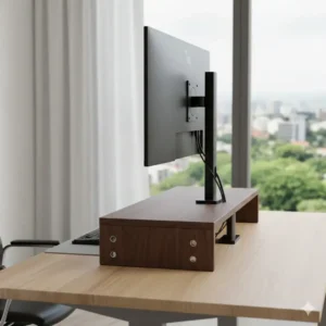 Side view of the adjustable large monitor stand, highlighting ergonomic height adjustability.