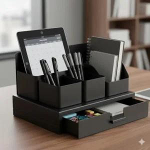 Detailed view of the various slots and drawers in a black desk organizer for sorting office supplies.