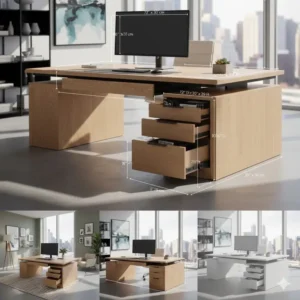 Side view of the contemporary office desk with drawers highlighting its ergonomic design and clean, minimalist lines.