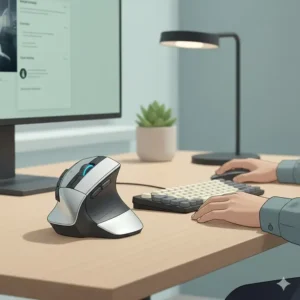 Illustration 1: An ergonomic vertical mouse and mechanical keyboard as examples of awesome office supplies for productivity.