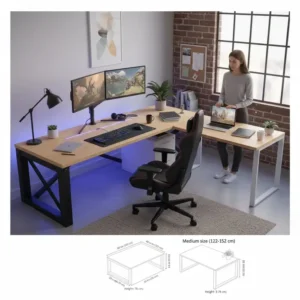 A stylish oak wood medium size desk in a modern style with built-in storage drawers and cable management.