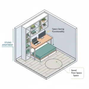 An architectural drawing showing the space-saving benefits of a shelving unit with desk in a studio.