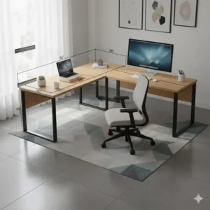 Overhead view showing the spacious desktop layout of a contemporary l shaped desk.