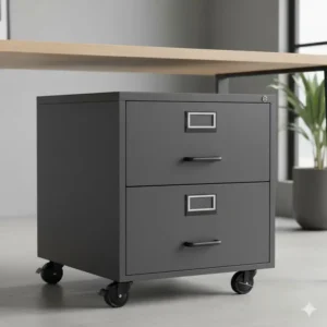 Heavy-duty, two-drawer rolling filing desk cabinets, ideal for organizing legal and letter-sized documents under a workspace.