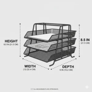 Diagram showing the height, width, and depth dimensions of a multi-tier wire mesh desk organizer.
