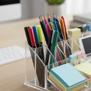 Close-up shot of the multi-compartment clear plastic desk organizer, highlighting the deep cylindrical section designed to hold a variety of pens, markers, and highlighters upright.