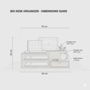 Technical illustration showing the height and width measurements of a multi-tier big desk organizer.