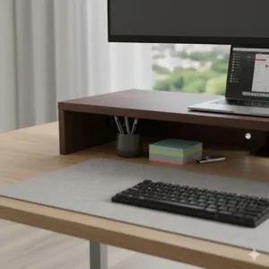 Close-up of the integrated storage shelf built into the large monitor stand for organization.