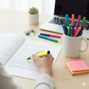 3- A hand holding a bright yellow highlighter over a document next to a jar of multi-colored pens, emphasizing how colorful office supplies can boost productivity.