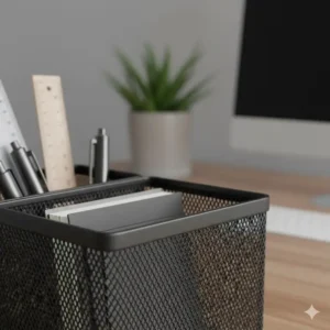 Close-up of the sturdy metal mesh material and reinforced edges of a premium black desk organizer.