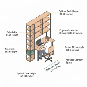 A technical diagram displaying the perfect ergonomic height for a shelving unit with desk.