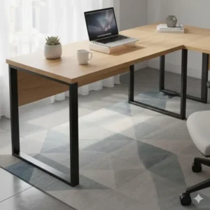 Close-up of the wood grain finish and sturdy metal frame of a contemporary l shaped desk.