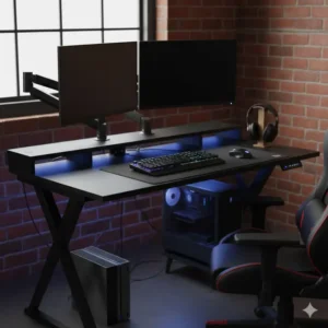 A sturdy medium size desk showcasing a dual-monitor gaming setup and high-performance accessories.