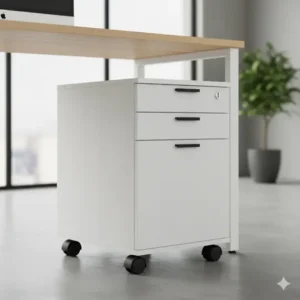 Compact mobile pedestal desk cabinets on smooth-rolling casters, featuring a lockable top drawer and lower storage compartment.