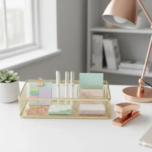 Illustration 2: A sleek gold mesh desk organizer filled with awesome office supplies like rose gold paper clips and aesthetic sticky notes.