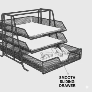 Close-up illustration of a smooth sliding drawer feature in a wire mesh desk organizer.
