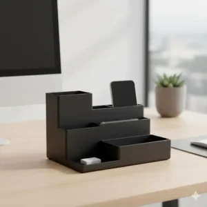 A stylish, matte black plastic desk organizer featuring a minimalist, sleek design, ideal for modern office decor or reducing visual clutter on the desk.