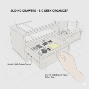 Close-up illustration of a big desk organizer featuring smooth sliding drawers for supplies.