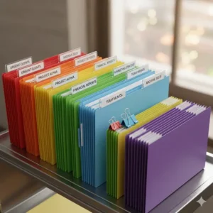 4- Detail of a filing cabinet with color-coded folders and labels, illustrating an efficient system using colorful office supplies for better organization.