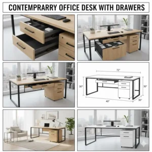 View of the spacious desktop surface, showing the integrated cable management grommets on the contemporary office desk with drawers.