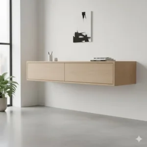 Minimalist floating wall-mounted desk cabinets with hidden compartments, maximizing floor space in a small office.