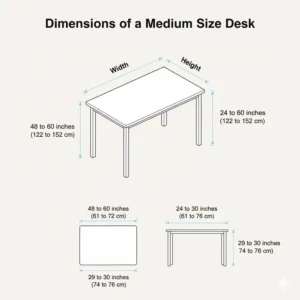 An illustrative diagram showing the typical width and depth dimensions of a standard medium size desk.