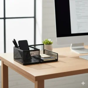 A minimalist home office setup featuring a sleek black desk organizer to reduce clutter and improve productivity.