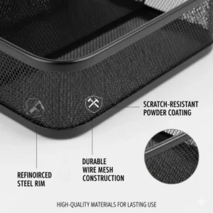 Detailed view of the reinforced steel rim and scratch-resistant powder coating on a wire mesh desk organizer.