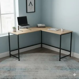 A compact contemporary l shaped desk tucked into a small room corner to maximize floor space.
